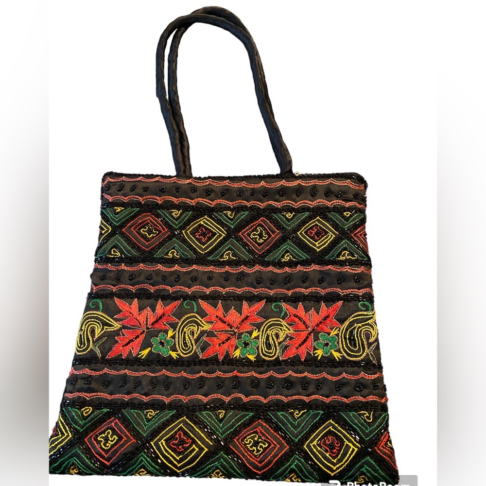 Beaded Embroidered Handbag Floral Satin Like Black Red Green Holiday